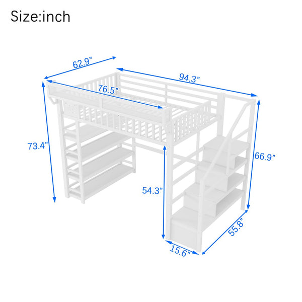 English Elm Full Metal Loft Bed with Stair Storage Rgb Lighting and Charging Station for Teens White W2580S00075