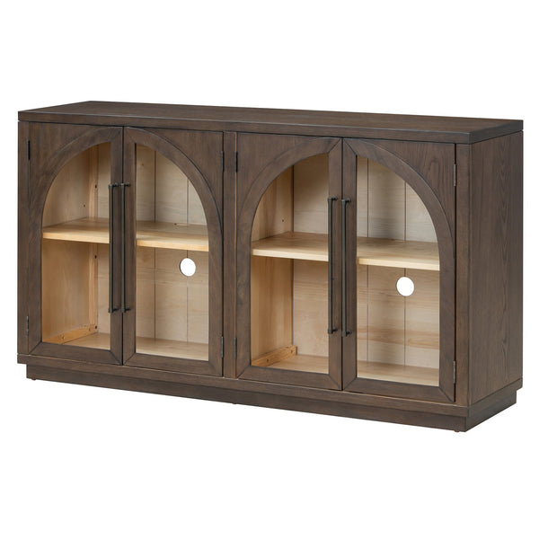 English Elm TREXM Arched 4-Door Large Storage Sideboard Buffet Cabinet with Glass Doors, Adjustable Shelves and Cable Management Espresso N715P290642P