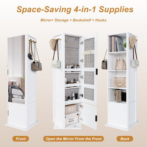 English Elm 360° Rotating Tower Cabinet with Full Length Mirror Open Shelving and Jewelry Storage White W509P456172