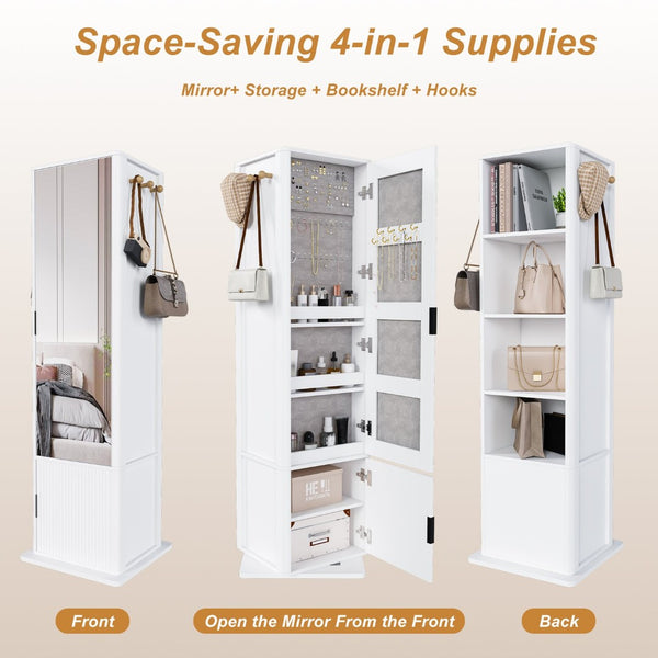 English Elm 360° Rotating Tower Cabinet with Full Length Mirror Open Shelving and Jewelry Storage White W509P456172