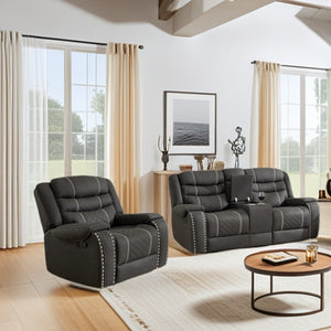 English Elm Recliner Sofa Set Microfiber Manual Club Chair with Brass Nail Head Trim Living Room W3900S00020