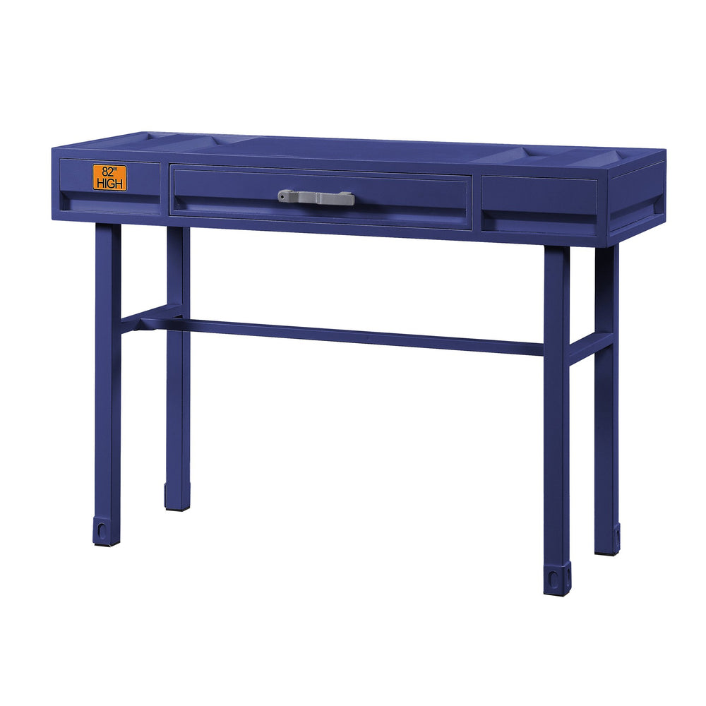 English Elm Blue Writing Desk Cargo-Style Industrial Workspace with Recessed Panel, Safety-Stop Drawer, Metal-Wood Finish B062P185678