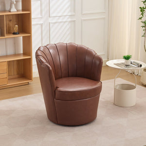 English Elm Brown Petal Swivel Chair - 360° Metal Base, Top-Grain Leather Wingback, Fluted Curved Accent Seat for Home Office Comfort and Style W570P375742