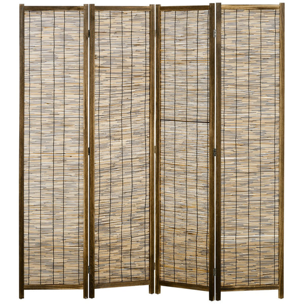 English Elm HOMCOM 4-Panel Reed Room Divider 5.5ft Folding Privacy Screen, Hand-Woven Freestanding Partition for Home Office Brown W2225P229150
