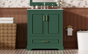 English Elm 30" Modern Bathroom Vanity with Ceramic Sink, Soft-Close Doors, Divided Drawer & Dual Door Shelves Green N729P321376F