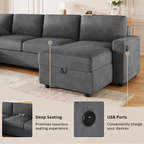 English Elm 103.9" Sectional Sofa with Hidden Storage Chaise, Reconfigurable U-Shape, 4 USB Ports, Durable Twill Upholstery Dark Gray N719S001950R