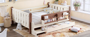 English Elm Twin Kids Platform Bed with Trundle Staircase Bookshelf and Rounded Safety Rails Beige W1580S00539