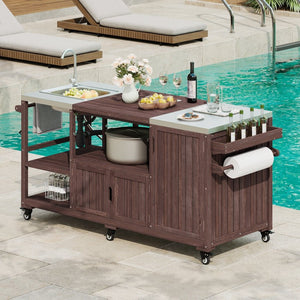 English Elm K&k Solid Fir Outdoor Kitchen Island with Sink Stainless Steel Top and Grill Cutout Brown N707S000022Z