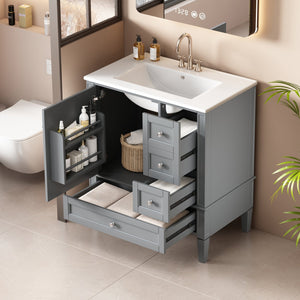 English Elm 30 30 Inch Bathroom Vanity with Ceramic Sink, Modern Compact 3-Drawer Storage Cabinet for Small Baths Grey N710P247499E