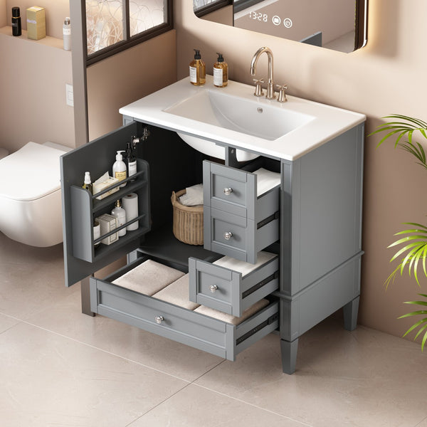English Elm 30 30 Inch Bathroom Vanity with Ceramic Sink, Modern Compact 3-Drawer Storage Cabinet for Small Baths Grey N710P247499E