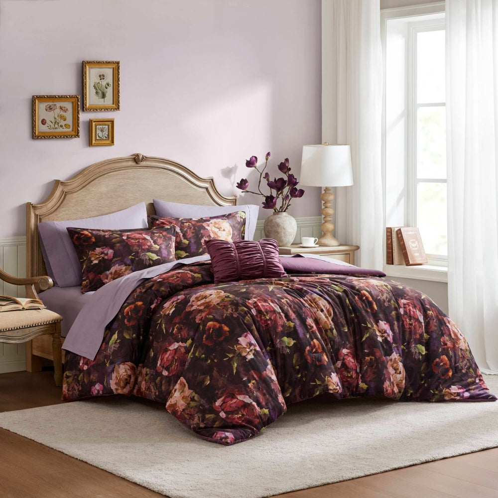 English Elm 4-piece Queen Velvet Floral Comforter Set with Ruched Pillow for Luxe Bedrooms B035P463193