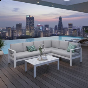 English Elm 4-piece Aluminum Modular Outdoor Sectional Set Seats 7 with Cushions and Wpc Table B082S00081