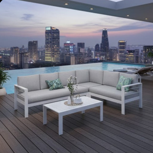 English Elm 4-piece Aluminum Modular Outdoor Sectional Set Seats 7 with Cushions and Wpc Table B082S00081