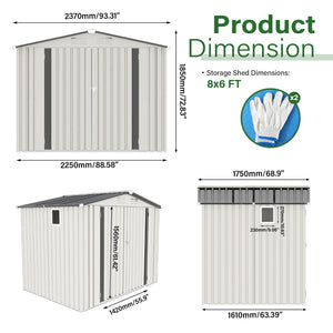 English Elm 8x6 Ft Galvanized Steel Outdoor Storage Shed with Pitched Roof Window and Lockable Door W3213P309388