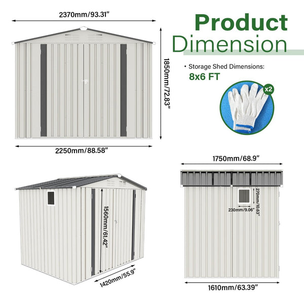English Elm 8x6 Galvanized Steel Outdoor Storage Shed with Pitched Roof Lockable Doors and Window W3213S00007