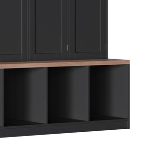 English Elm [Assembly Video] Farmhouse Hall Tree with Walnut Bench, 8-Door Shoe Cabinet, 4 Hooks & Open Storage Organizing Entryway Black N721S000059B