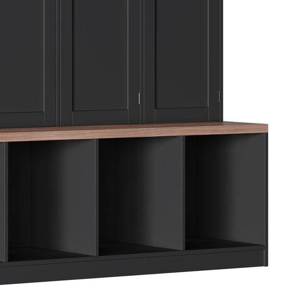 English Elm [Assembly Video] Farmhouse Hall Tree with Walnut Bench, 8-Door Shoe Cabinet, 4 Hooks & Open Storage Organizing Entryway Black N721S000059B
