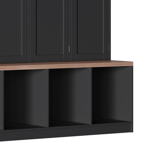English Elm Farmhouse Hall Tree with Triple Arch Back Panel Eight Hooks Drawers and Entryway Bench Black N721S000059B-1