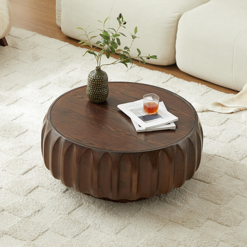 English Elm Round Birch Carved Coffee Table with 3D Relief Frame, Mountain-Grain Veneer Top, Sculptural Elegance Walnut W3137P270434