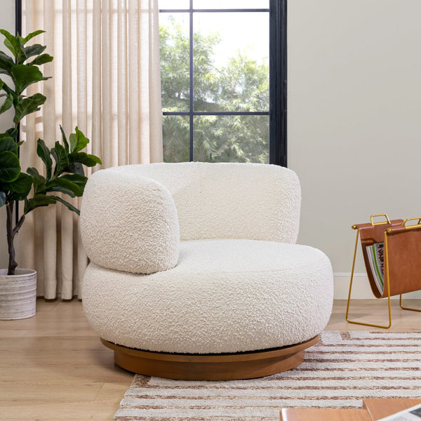 English Elm Jennifer Taylor Home - Fuji Ivory White Boucle 360° Swivel Low Barrel Accent Chair with Solid Rubberwood Base, Lounge-Friendly B2719P238262