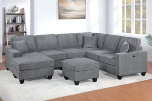 English Elm Dark Corduroy U-shaped Sectional Set with Usb Charging Ottoman and Plush Cushions Fog B011S02190