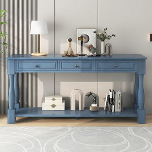 English Elm Trexm Distressed Entryway Console Table Three Drawers Open Shelf Mediterranean Wood Navy N715P372052M