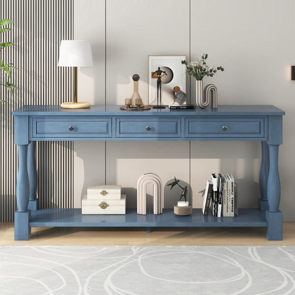 English Elm Trexm Distressed Entryway Console Table Three Drawers Open Shelf Mediterranean Wood Navy N715P372052M