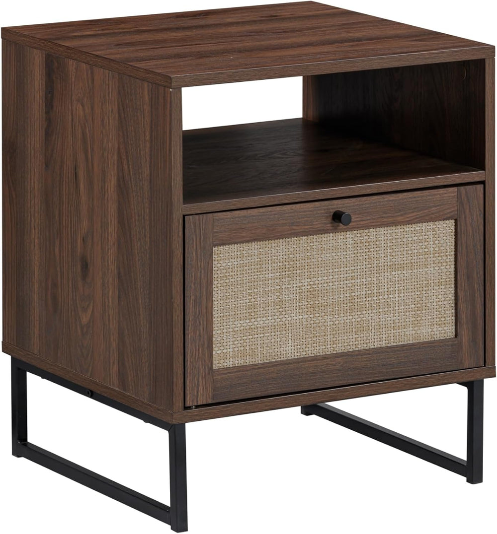 English Elm Wood Beacon Seagrass End Table Set of 2 with Hidden Storage, Boho MDF Nightstands in Antique Grey W295P210805