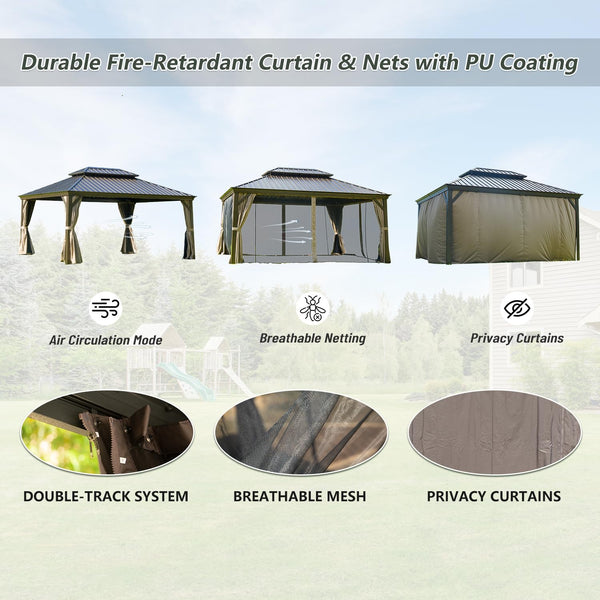 English Elm 12' X 16' Hardtop Gazebo - Durable Aluminum Frame With Double Canopy, Curtains & Netting For Patios W1859S00166