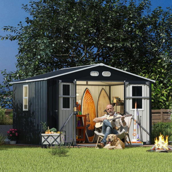 English Elm Outdoor Metal Storage Shed 8x10 with Four Windows Lockable Doors Waterproof Steel W1598S00038