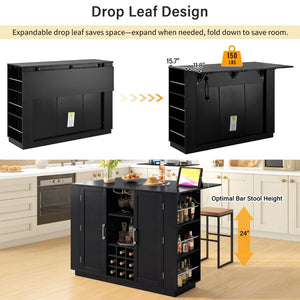 English Elm U_style Compact Kitchen Island with Drop Leaf Power Outlet Wine Rack Stemware Storage Black N711P437715B