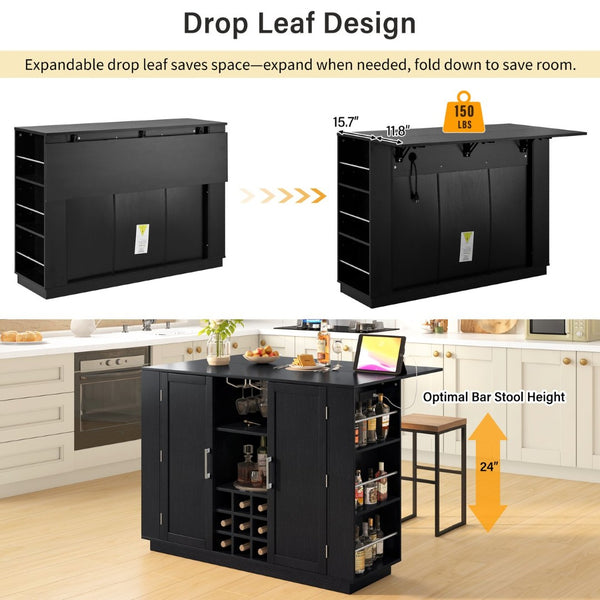 English Elm U_style Compact Kitchen Island with Drop Leaf Power Outlet Wine Rack Stemware Storage Black N711P437715B