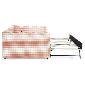 English Elm Full Size Gingham Linen Daybed with Wave Backrest Trundle and Usb Charging Port Pink W1413S00138