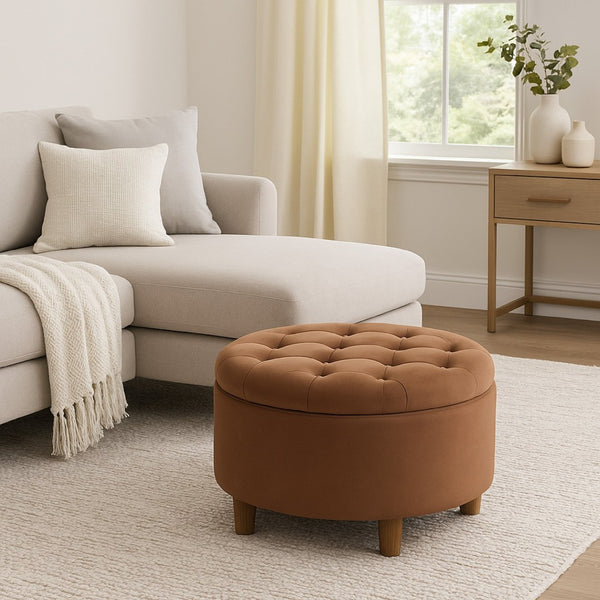 English Elm Jo Round Velvet Storage Ottoman Tufted Lift Top with Walnut Legs for Living Room Brown Mix B056P416970