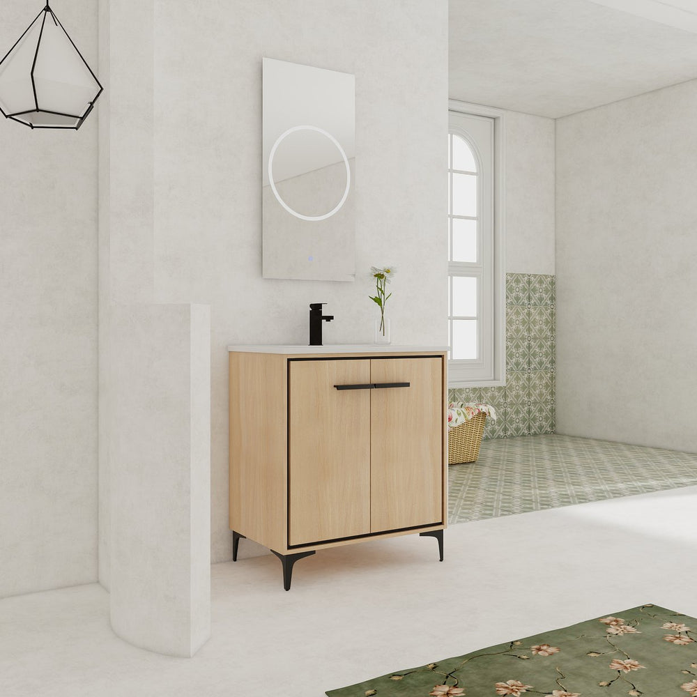 English Elm 30 Inch Oak Bathroom Vanity Base with Basin, Engineered Wood Double-Door Cabinet, Modern Storage W1972S00004