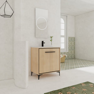 English Elm 30 Inch Oak Bathroom Vanity Base with Basin, Engineered Wood Double-Door Cabinet, Modern Storage W1972S00004