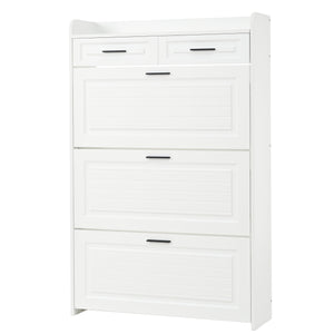 English Elm Two drawer three-fold shoe cabinet with ample vertical shelving, smooth finish, compact entryway storage White W3871P368975