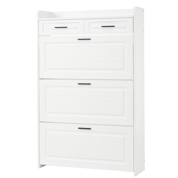 English Elm Two drawer three-fold shoe cabinet with ample vertical shelving, smooth finish, compact entryway storage White W3871P368975