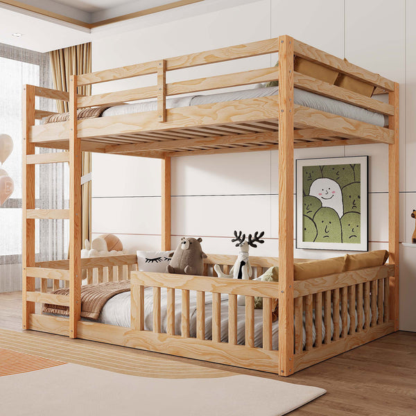 English Elm Full Full over Full Wood Bunk Bed with Ladder & Guardrails, Space-Saving Pine Frame for Kids Rooms Natural N7090002223D