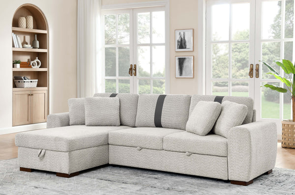 English Elm 116" Pull-Out Sofa Bed Khaki Light Gray Polyester Sectional with Storage Chaise, Contemporary Comfort for Living Rooms and Entertaining Guests B343S00036