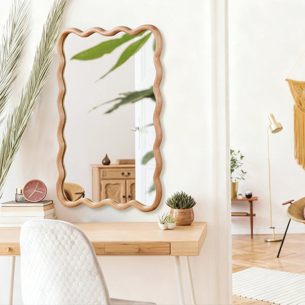 English Elm Natural Wood Wavy Rectangle 24"x36" Solid Wood Frame Mirror – Rustic Boho Wall Mirror for Home W2203P388997