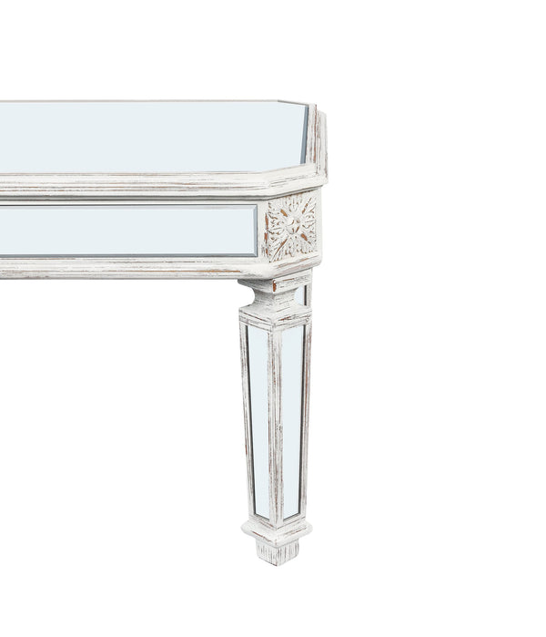 English Elm Silver Mirrored Coffee Table with Vintage Carved Accents, Rectangular Glass Top, Elegant Centerpiece for Living Room and Office (52.75"L x 26.37"W x 6.88"H) W1445P214047