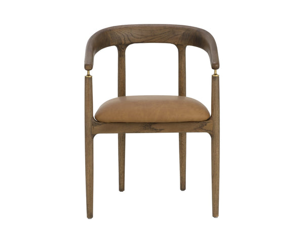 Sunpan VALMONT Dining Armchair - Mid-Century Modern Comfort in Milliken Cognac with Oak Frame & Brass Accents 112287