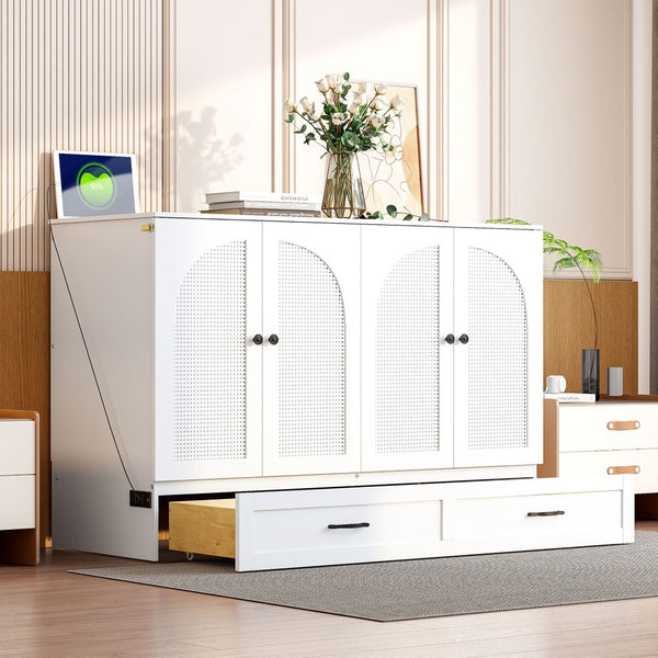 English Elm Full Size Murphy Bed Rattan Cabinet with Storage Drawers and Gold Hardware White N708S00009K
