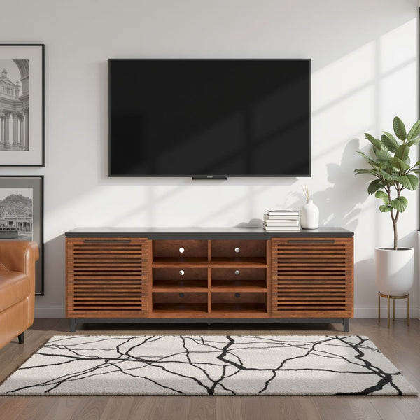 English Elm 85 Inch TV Stand Console Scandinavian Poplar & Okume Two-Tone Bourbon Black, No Assembly, Fits 95" TVs, Cable Management, Ample Storage (Fully Assembled) B108P160163