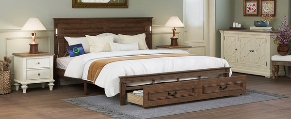 English Elm King Pine Wood Storage Bed with Led Lighting Usb Charging Tall Panel Headboard Walnut W504S00270