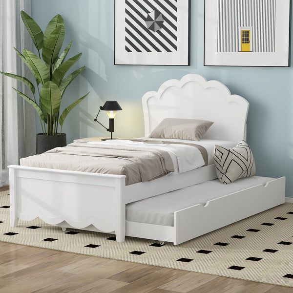 English Elm Twin Solid Wood Platform Bed with Headboard & Pull-Out Trundle, White Finish, Sturdy Pine/MDF Design GX000389AAK