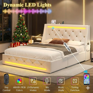 English Elm Queen Platform Bed Wingback Diamond Quilted Headboard Led Lighting Storage Drawers White W5722P462686