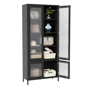 English Elm Large Metal Storage Cabinet with Fluted Tempered Glass Doors, 5-Shelf Steel Bookcase for Home Office W2378P176272