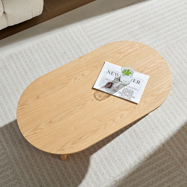 English Elm Length 39.37 Inch Modern Oval Coffee Table – Sleek MDF Pedestal Design, Space-Saving Durable Accent for Living Rooms and Apartments Oak W2582P217995